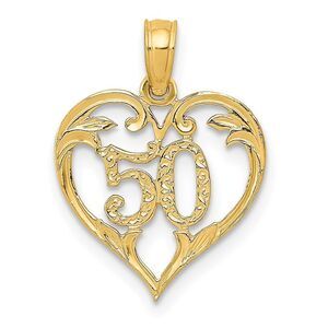 14k Yellow Gold 50 Heart Scroll Design Pendant, 14mm